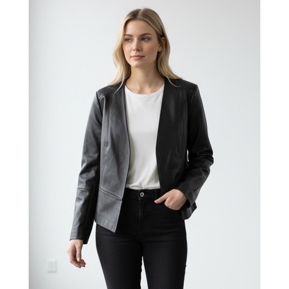 DKNY Faux Leather Blazer Chic Outerwear Jacket Sleek Lines Size 8